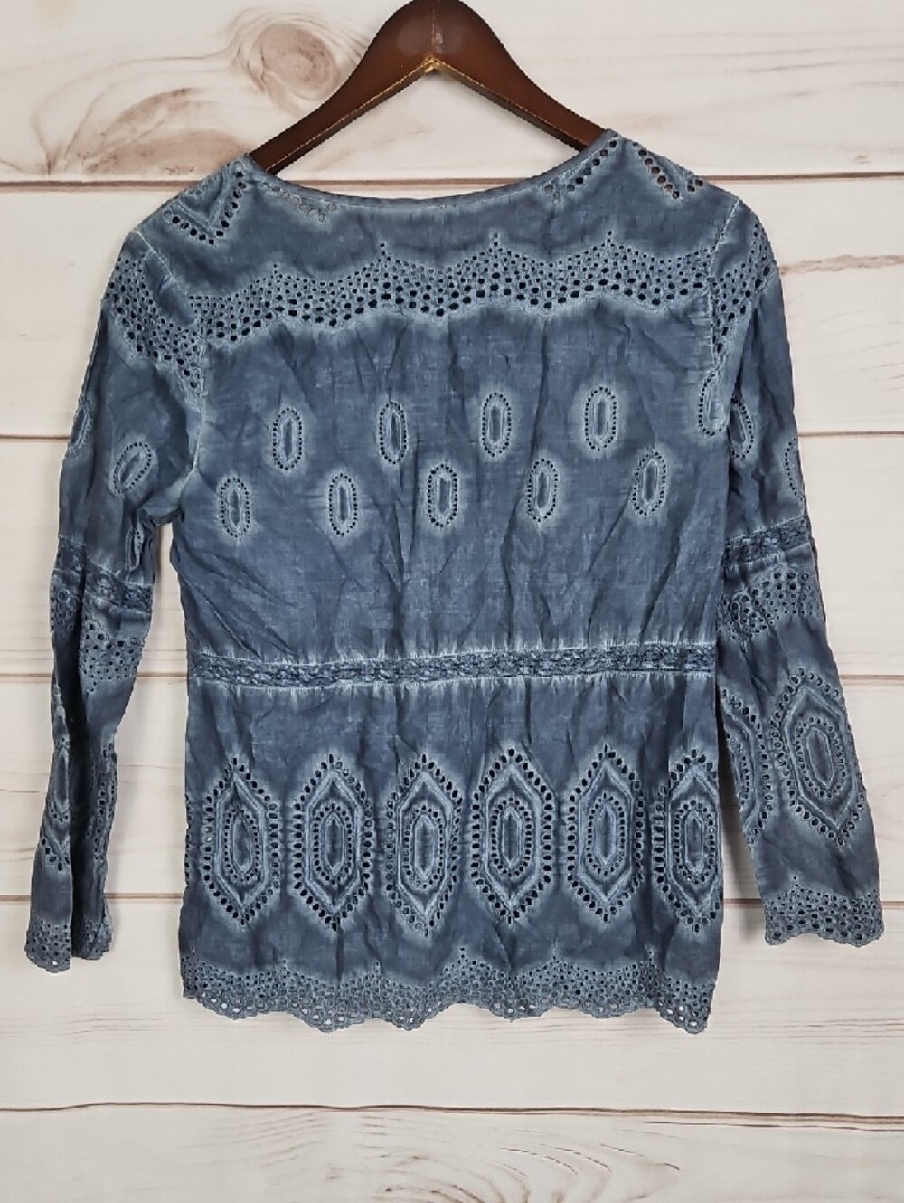 Lucky Brand Blue Acid Wash Eyelet Embroidered Boho Peasant Top | Small - Picture 2 of 11